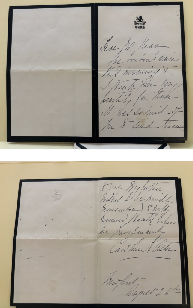 Front and back of a handwritten letter to Hamilton Fish Kean from Caroline Astor.